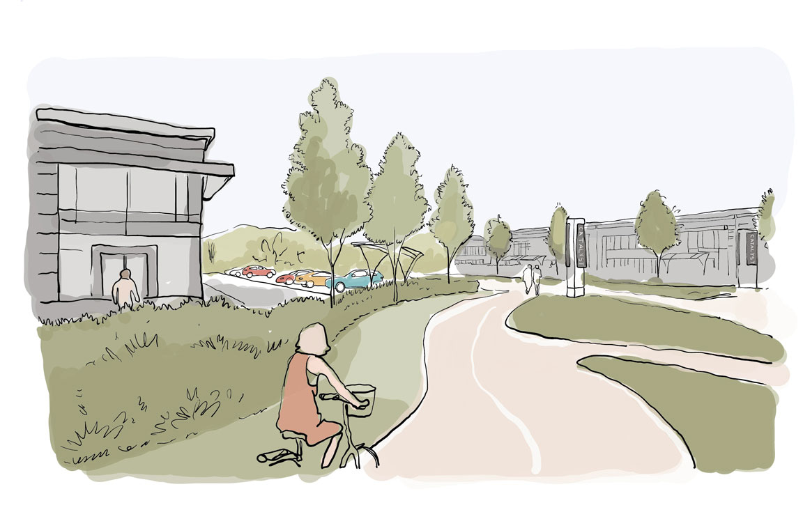 Illustrative view of scene at catalyst bicester showing girl on cycle path with commercial units and trees with car park