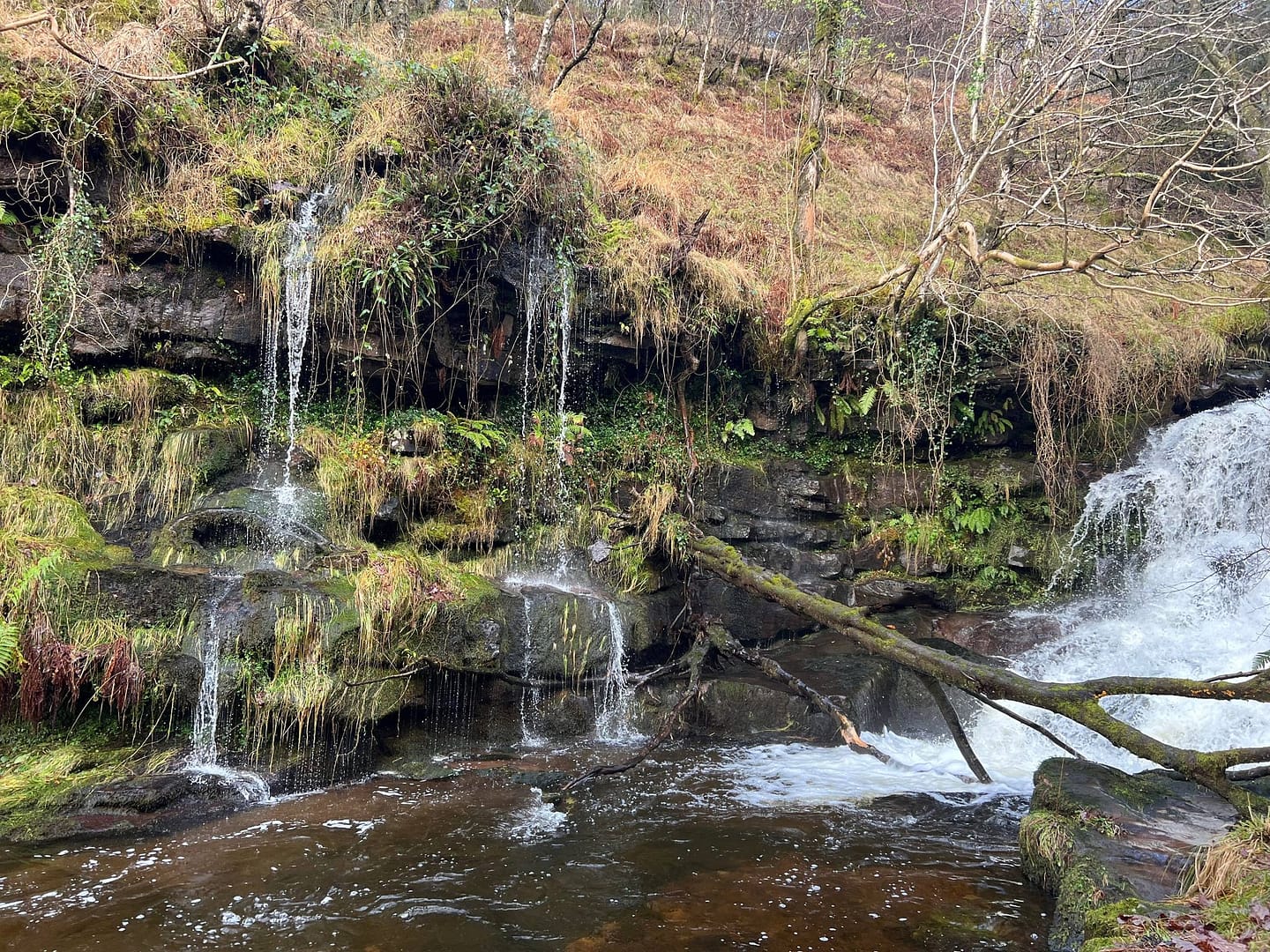 Natural watercourse draining down mountain with waterfall and planted embankment