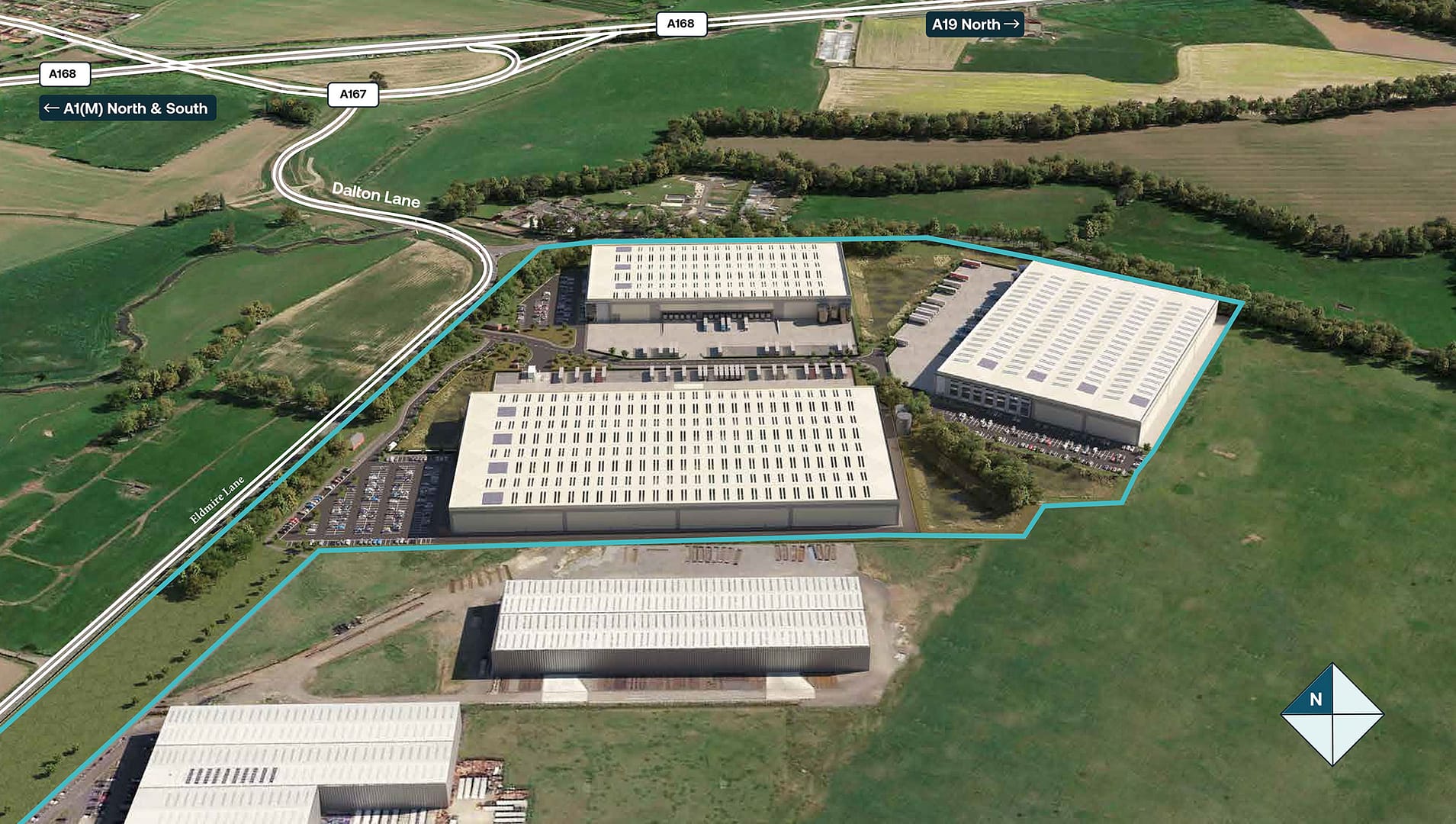 Aerial view showing Dalton 49 development in Thirsk with wider landscape views and several warehouses