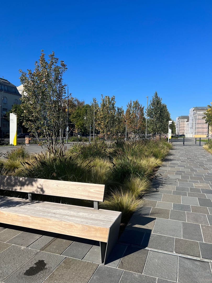 large planting bed and wooden bench in park treating surface water run off